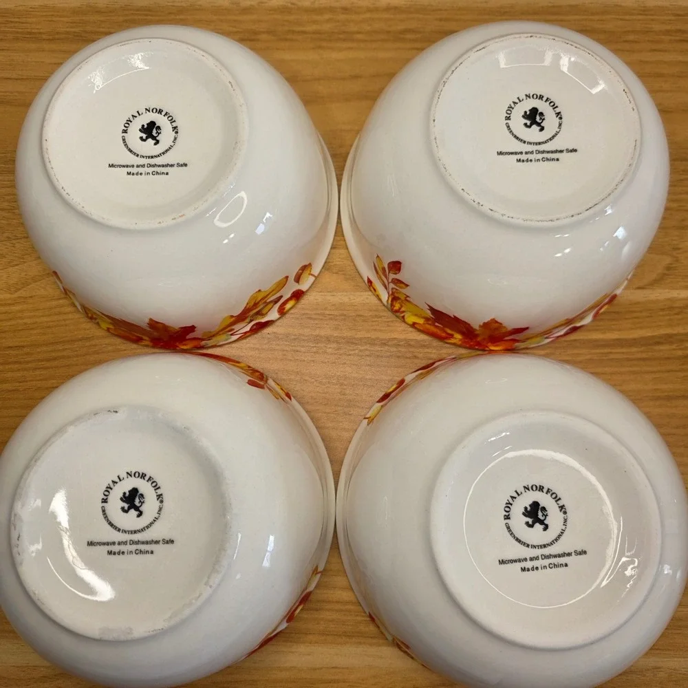 New Set Of 4-Royal Norfolk Autumn Leaves & Acorns Ceramic Soup Cereal Bowls 6